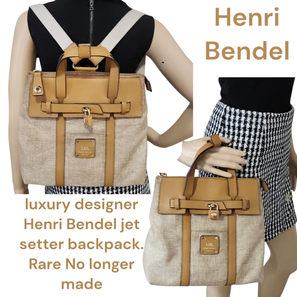 Rare Henri Bendel 3 in 1 Jetsetter backpack tan canvas saffron leather handbag